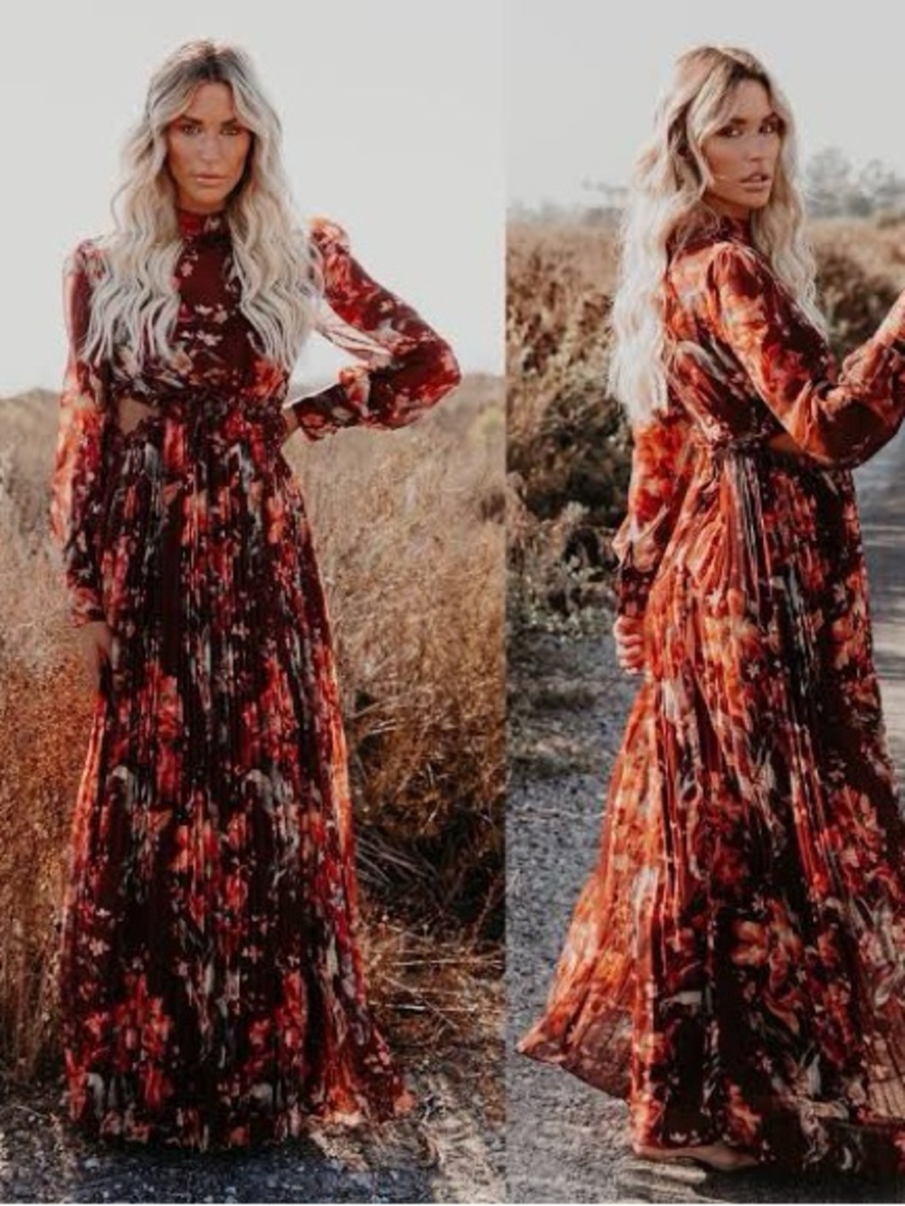 NWT L'ATISTE Autumn Floral Orange Red Brown Long Sleeve Maxi Dress Size M